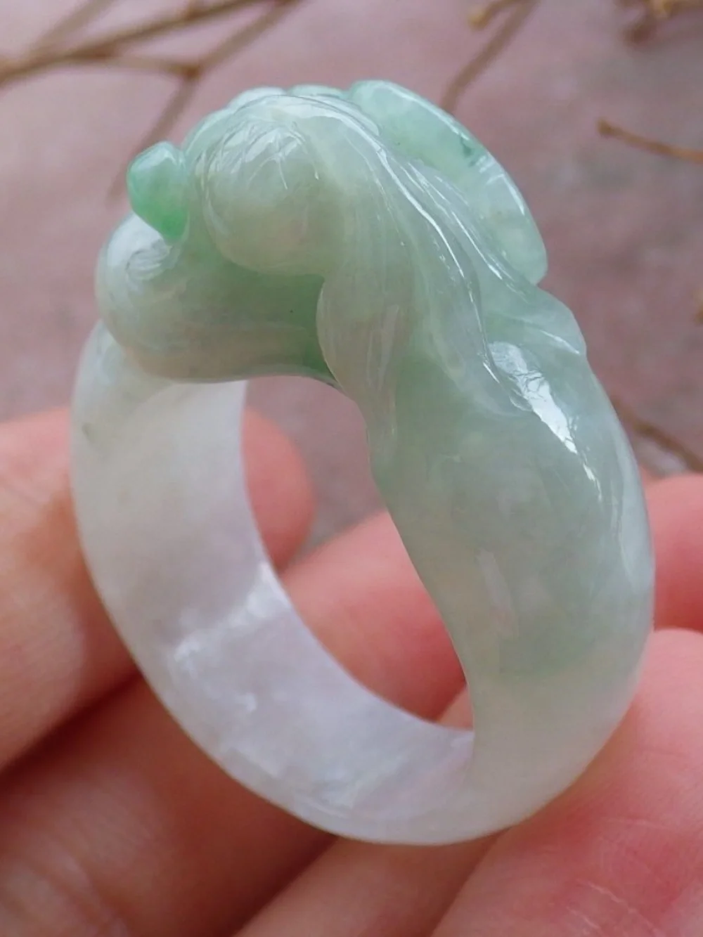 US 11.25 Certified Hand Carved Green Natural Burma A JADE Jadeite Gold Fish Ring